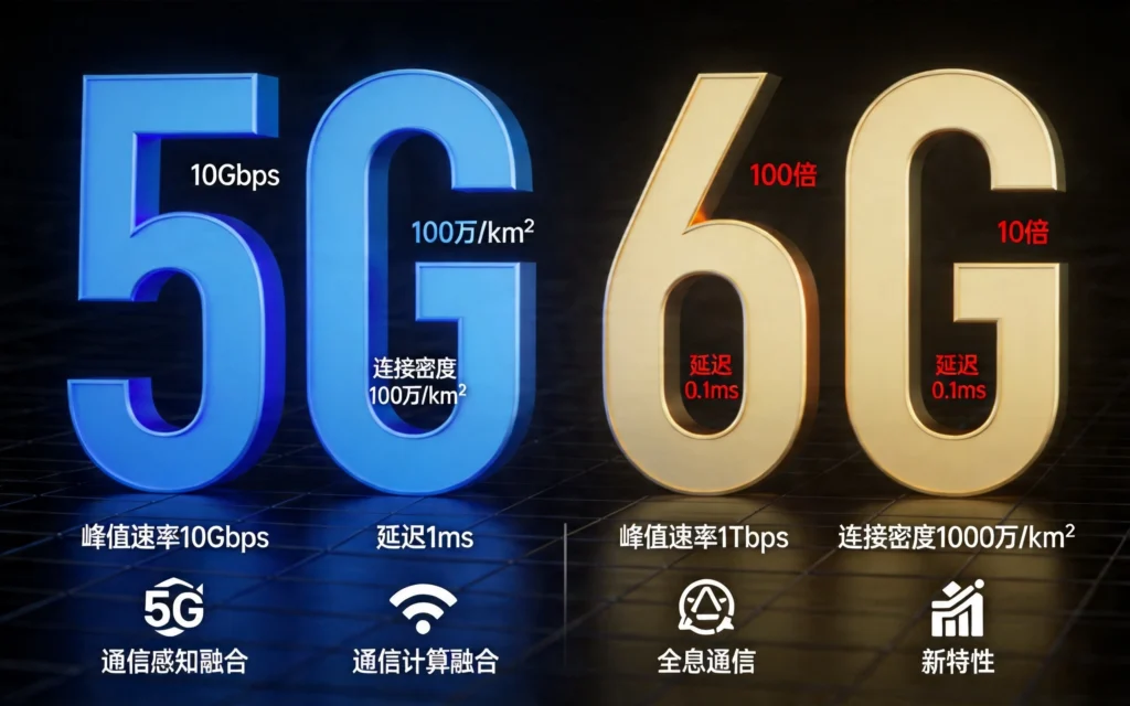 6G vs 5G性能对比，速率延迟连接密度百倍提升