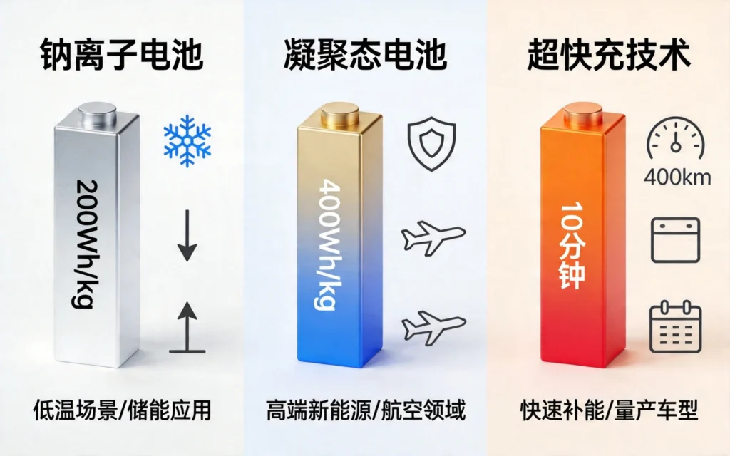 三大技术核心指标对比，钠电200Wh/kg凝聚态400Wh/kg快充10分钟